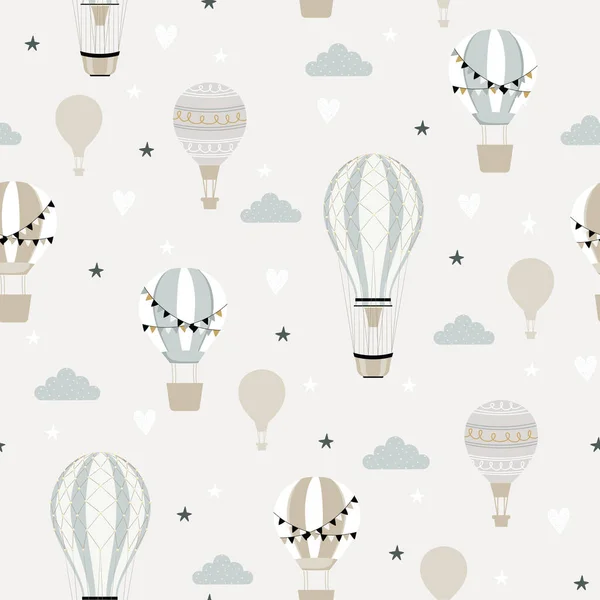 Mavi sıcak hava balonu ve bulutlar kusursuz çocuksu desenler. Paket, kumaş, tekstil ya da kağıt projeleri için el çizimi tekrarlar. Vektör illüstrasyonu.   