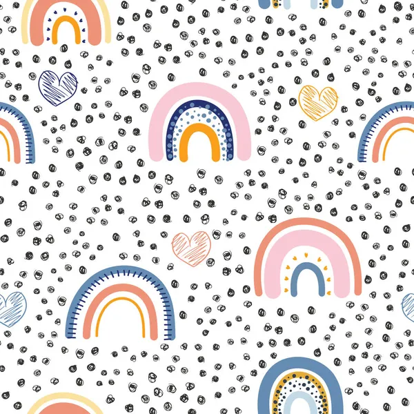 Renkli gökkuşakları, kalpler ve siyah noktalar kusursuz tekrar desenleri gösteriyor. Paket, kumaş, tekstil ya da kağıt projeleri için el çizimi tekrarlar. Vektör illüstrasyonu.   
