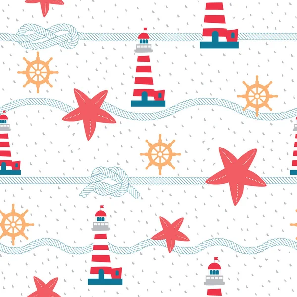 Denizyıldızı, halat ve deniz fenerinin kırmızı, turkuaz ve sarı renkte tekrarlanmayan desenleri. Paketleme, tekstil ve tasarım projeleri için mükemmel..