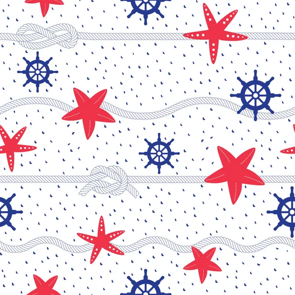Denizyıldızı, halat ve direksiyonun kırmızı ve mavi renkte tekrarladığı kusursuz desen. Paketleme, tekstil ve tasarım projeleri için mükemmel. Vektör çizimi.