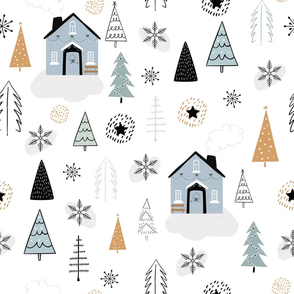 Noel 'de evlerde, Noel ağaçlarında ve yıldızlarda kusursuz tekrarlar olur. Duvar kâğıdı, arkaplan, hediye kağıdı, kış dekorasyonu ve tatil tasarımları için mükemmel. Vektör illüstrasyonu.