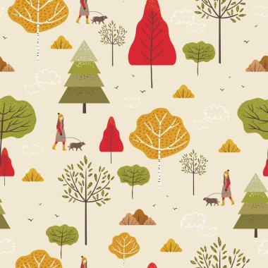 Sonbahar ağaçlarının, köknar ağaçlarının, huş ağaçlarının, çalıların, yaprakların, sonbahar kıyafetlerindeki kadınların, köpeklerin, kuşların ve bulutların kusursuz desenleri. Sonbahar yürüyüşü manzarası ve doğa unsurları. Görüntü.