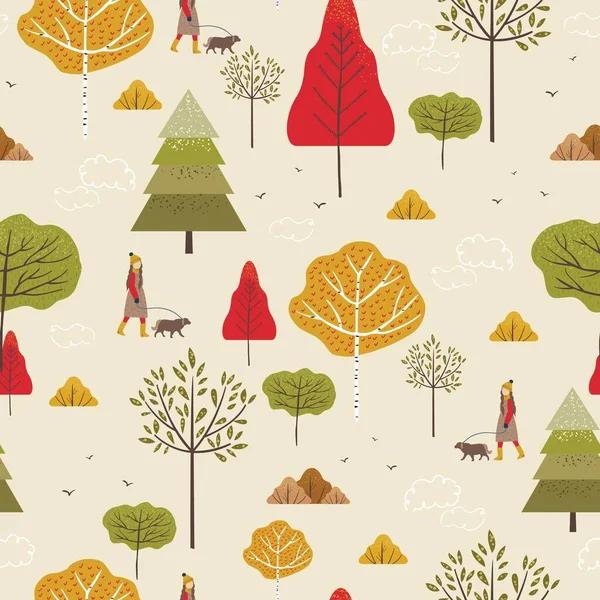 Sonbahar ağaçlarının, köknar ağaçlarının, huş ağaçlarının, çalıların, yaprakların, sonbahar kıyafetlerindeki kadınların, köpeklerin, kuşların ve bulutların kusursuz desenleri. Sonbahar yürüyüşü manzarası ve doğa unsurları. Görüntü.