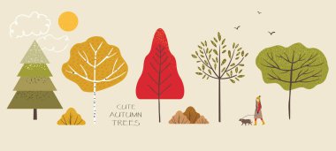 Sonbahar ağaçlarının, köknar ağaçlarının, huş ağacının, çalıların, yaprakların, sonbahar giysileri içindeki kadının, köpeğin, kuşların, güneşin ve bulutların şirin bir örneği. Bir manzara yaratmak için sonbahar yürüyüşü objeleri ve doğa elementleri. Vektör illüstrasyonu