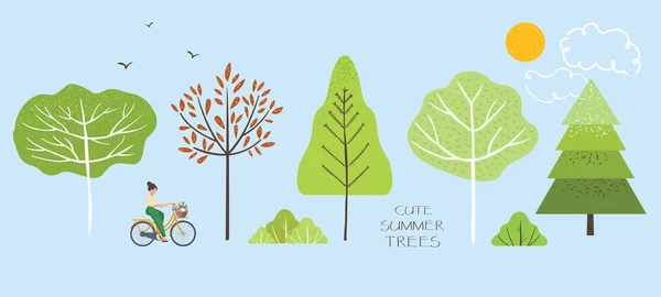 Yaz ağaçlarının, köknar ağaçlarının, çalıların, yaprakların, çiçeklerin, bisikletteki kadının, kuşların, güneşin ve bulutların şirin bir örneği. Yaz yürüyüşü objeleri ve doğa elementleri bir manzara yaratmak için. Vektör illüstrasyonu.