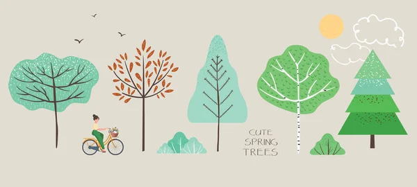 春の木 モミの木 自転車 太陽と雲の上の女性のかわいい単一のイラスト 春の散歩オブジェクトと自然の要素の風景を作成します ベクターイラスト ストックベクター