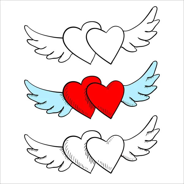 Flying in the clouds heart with wings, doodle — Stock Vector