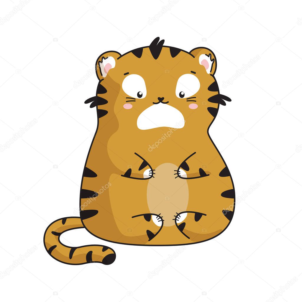 Cute cartoon tiger cub. Kawaii. The symbol of 2022. Isolated vector illustration on white background. Use as an element of decor, postcards, banners, logos, prints on clothes, etc.