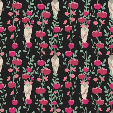 El işi kağıdında kırmızı çiçekler, okaliptüs filizi, pembe tomurcuklar. Kare koyu gri arka plan. Vektör çizimi. Eps 10.