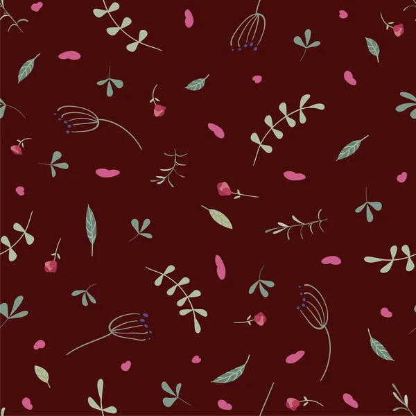 Темно Бордовый Цветочный Фон Ветви Листьями Розовые Почки Наивном Стиле — стоковый вектор
