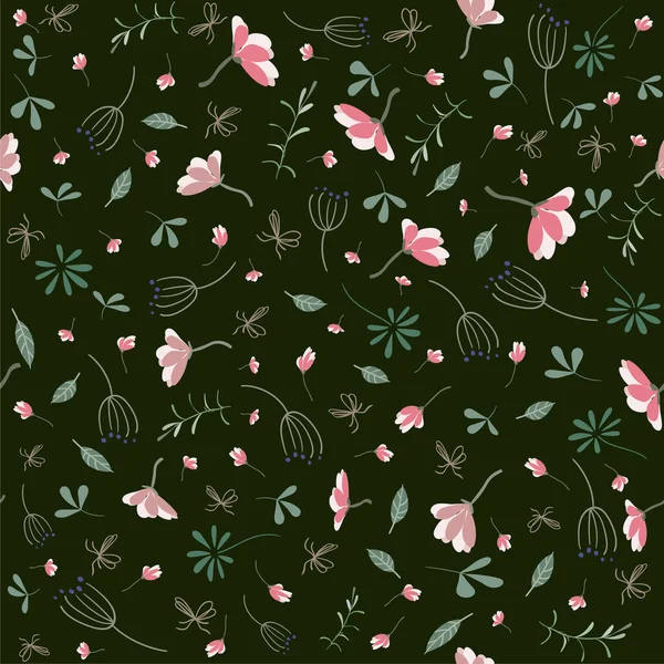 Beautiful Floral Seamless Pattern Dark Gray Background Branches Leaves Pink — Stock Vector