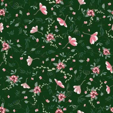 Koyu yeşil arka planda kusursuz bir çiçek deseni. Küçük dallar, soluk pembe çiçekler, yeşil yapraklar, kızılötesi ışınlar, çimen yaprakları. Kare vektör çizimi. Kumaş ve parmak izi için kullanılır. Eps 10