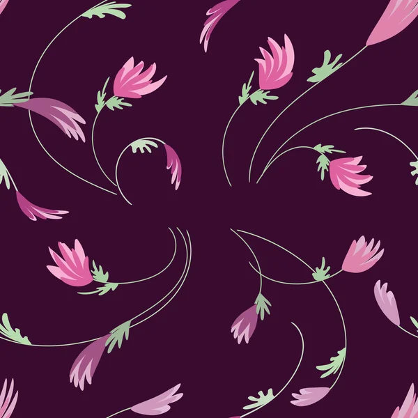Динамичный Цветочный Бесшовный Рисунок Темно Лиловом Фоне Розовые Сиреневые Цветы — стоковый вектор