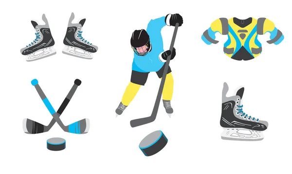Набір Хокейних Предметів Наклейки Обладнання Хокею Ковзани Хокейна Паличка Шайба — стоковий вектор