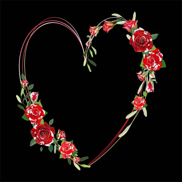 黒い背景に手描きのバラを持つ心の形の花のフレーム — ストックベクタ