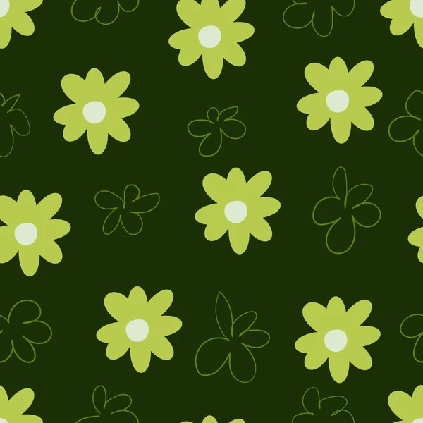 濃緑色の背景に薄緑色の無地の花を持つシームレスな夏のパターン 寄席風 — ストックベクタ