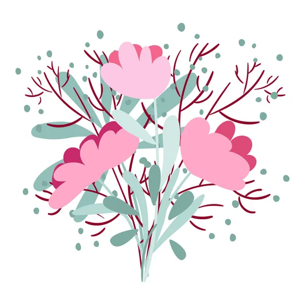 Bouquet Pink Peonies Decorative Branches Leaves Grains Clipart — Vector de stock