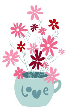 Blue gift mug with a bouquet of wild flowers 