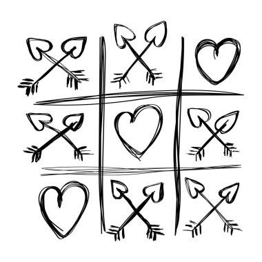 Dikkatsizce çizilmiş tic-tac-toe Aşk Tanrısı 'nın okları ve kalpleriyle karalama tarzında.
