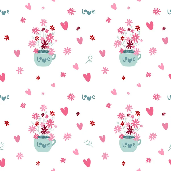 白い背景に装飾的なカップ 花や心を持つシームレスなパターン — ストックベクタ