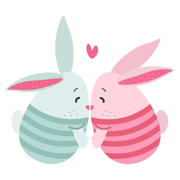 Kissing Cute Bunnies Pink Heart — Stock Vector