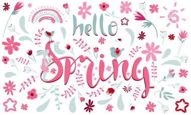 Sevimli çizgi film karakterleri koleksiyonu ve bahar dekoratif unsurları - tavşan, gökkuşağı, güneş, çiçek açan beyaz arka plan. Renkli yay düz vektör çizimi.