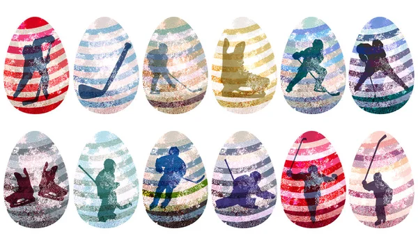 Sada Zdobené Velikonoční Vejce Hokejové Prvky Bílém Pozadí Plochá Ilustrace — Stock fotografie