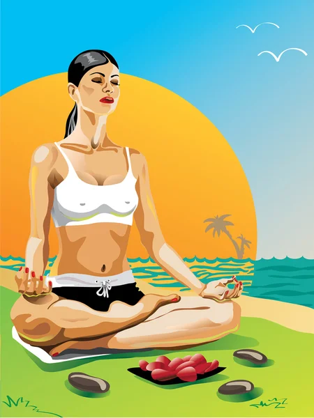 Jedna kobieta praktykowania jogi w pozycji lotosu na ilustracji beach.vector. — Wektor stockowy