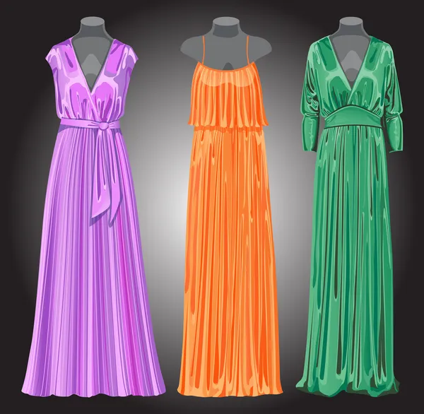 Drei lange elegante Abendkleider aus Seide. Vektorillustration — Stockvektor