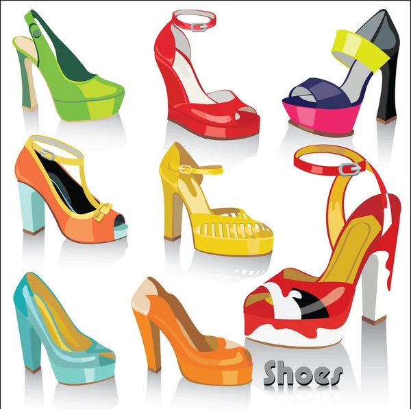 Векторний набір барвистої моди жіноче взуття та сандалі на білому тлі  . — стоковий вектор