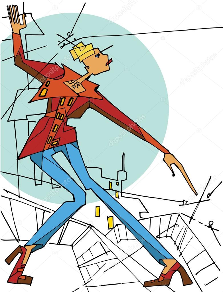 Abstract female standing on the roof .City background.Vector