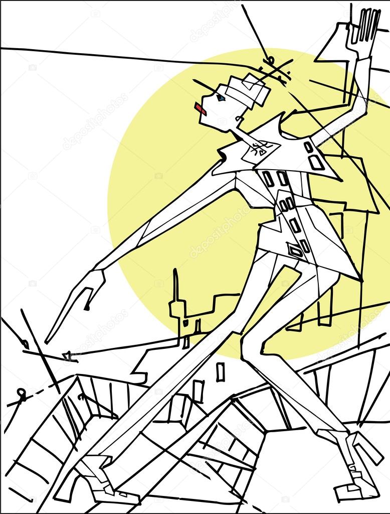Abstract female standing on the roof on a background of the city.Vector graphic fashion illustration.