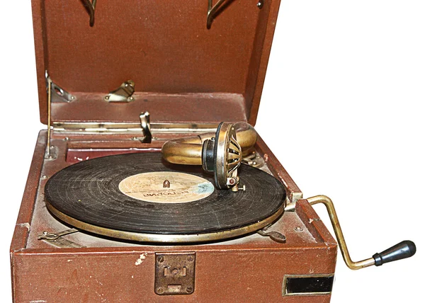 Retro platenspeler met een stoffige record in de open koffer — Stockfoto