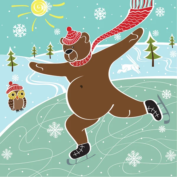 Brown bear is skating on the skating rink. Vector humorous illustration — Stock Vector