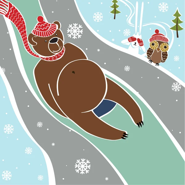Brown bear is rolling on sleds . Vector humorous illustration — Stock Vector