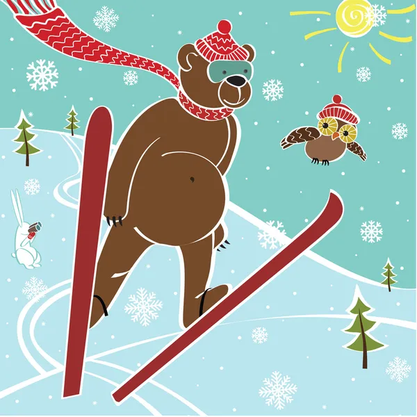 Braunbär-Skispringen. Vektor humorvolle Illustration — Stockvektor