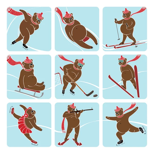 Uppsättning av brunbjörn spelar vintersport. humoristisk vektor illustration. — Stock vektor
