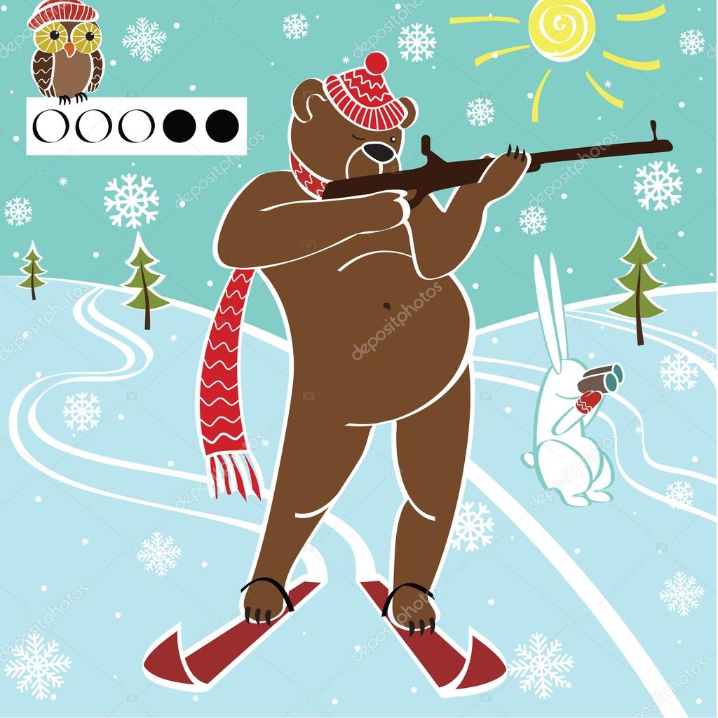 Brown bear biathlete takes aim. Vector humorous illustration.