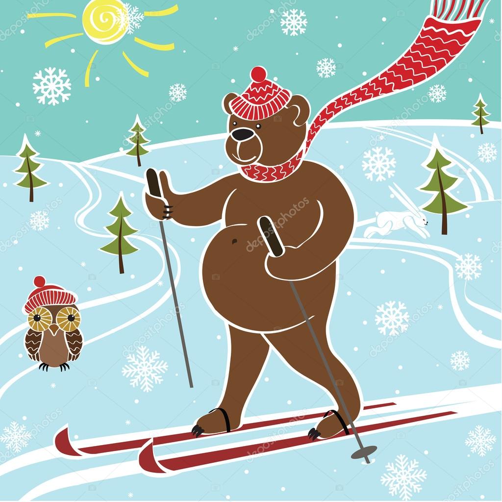 Brown bear skiing in nature.Vector humorous illustration