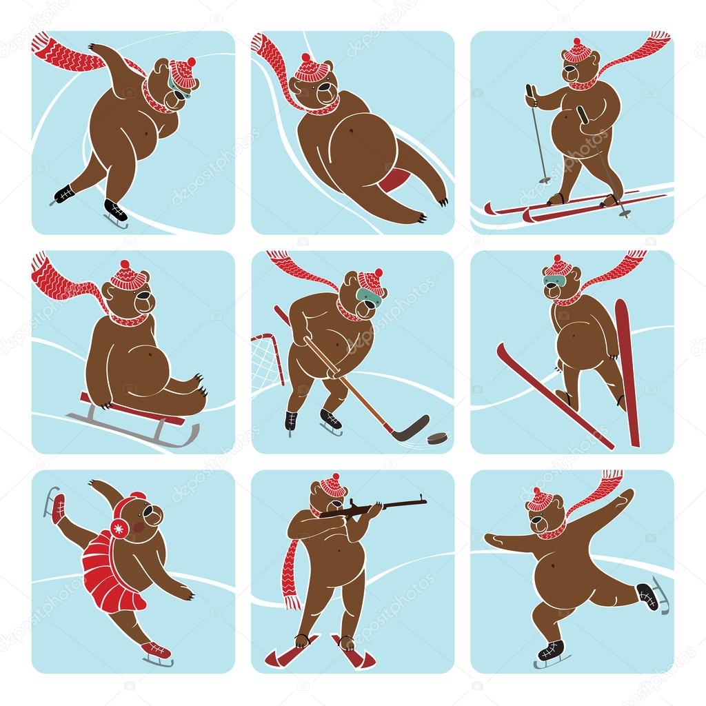 Set of brown bear plays winter sport. Vector humorous illustration.