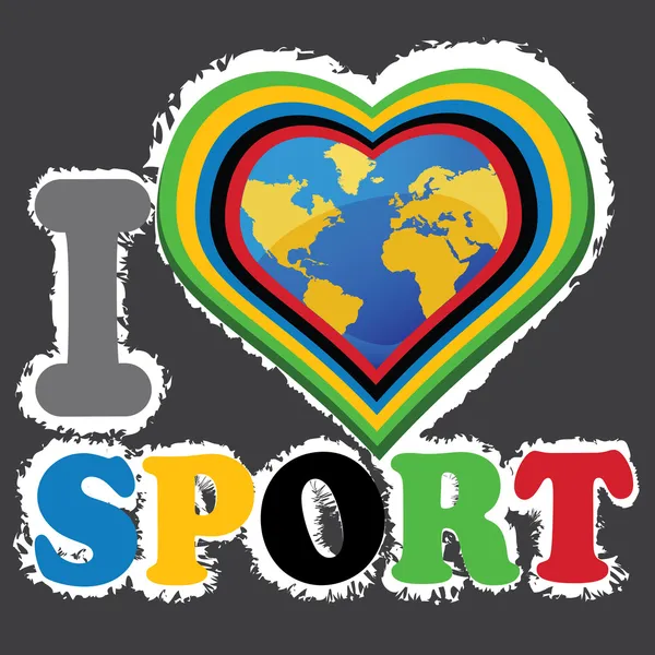 "Uwielbiam Sport "napis w kolorach Olimpijskich. Ziemia w heartform w pierścieniach Olimpijskich — Wektor stockowy