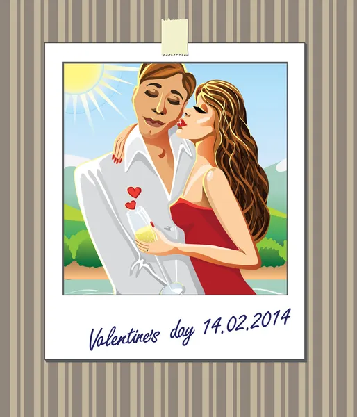 Zoenen liefhebbers man en woman.polaroid foto op de wall.illustration — Stockvector