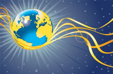Planet Earth flying with gold ribbons.View from space clipart