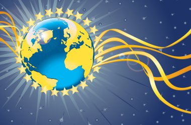 Planet Earth with gold stars and ribbons.View from space clipart