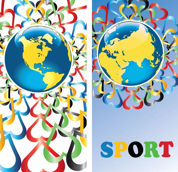 Pianeta Terra con cuori nei colori olimpici. Banners.Vector — Vettoriale Stock