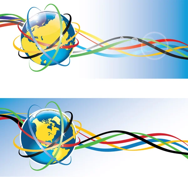 Planeta Terra em anéis olímpicos e fitas olímpicas —  Vetores de Stock
