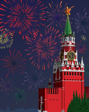 Moskova kremlin.festive fireworks.vector illüstrasyon