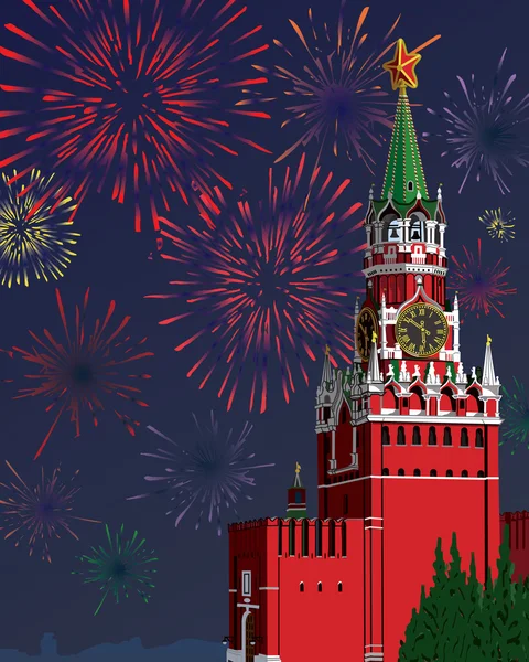 Московский Кремль. Праздничный фейерверк. Векторная иллюстрация — стоковый вектор