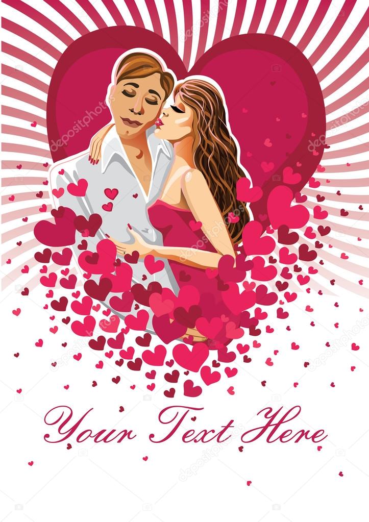 Kissing man and woman on hearts background.Design template