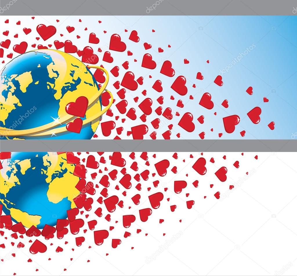Planet earth with wedding rings and flying hearts.Vector